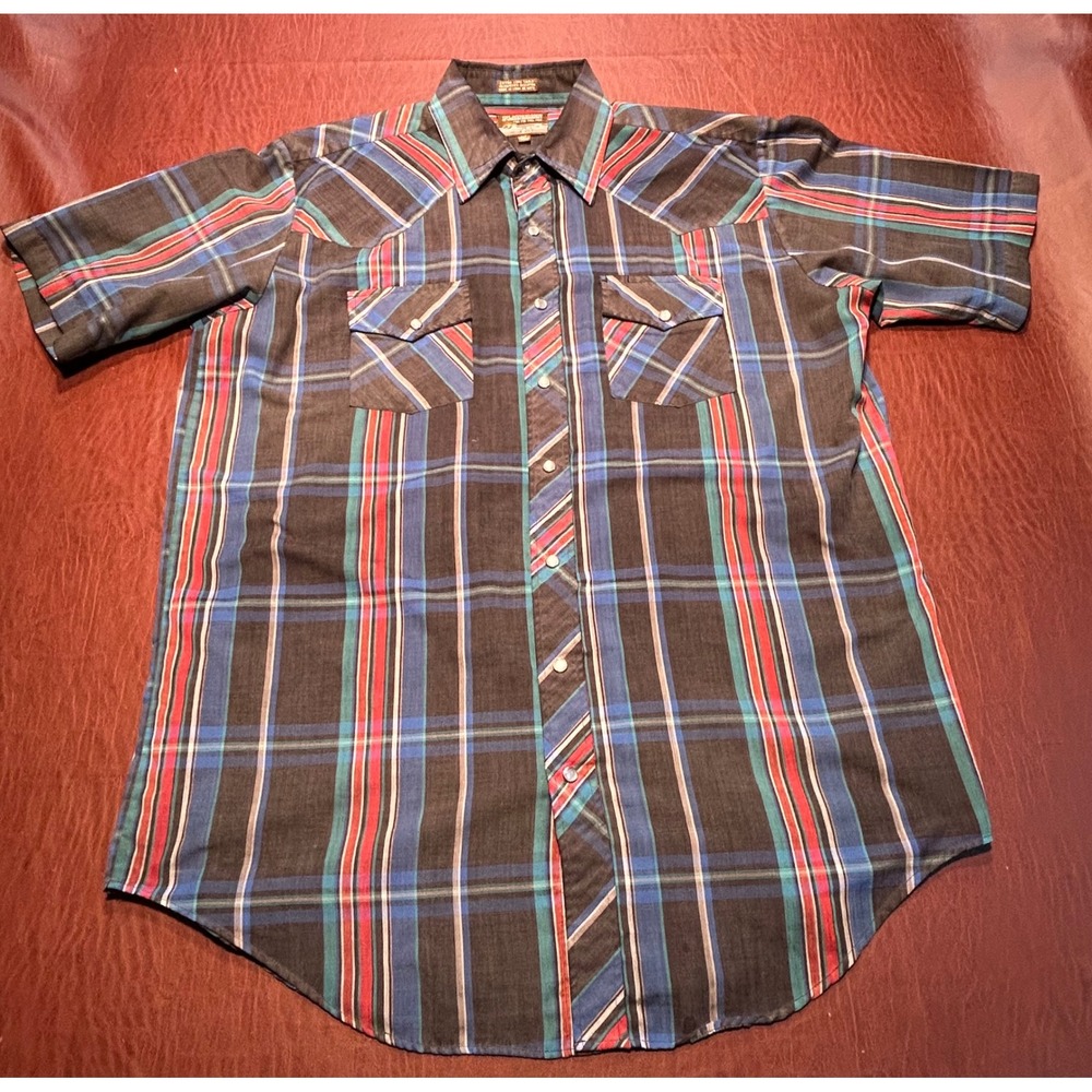 Plainsman Vintage Western Pearl Snap Shirt Men XLT Tall Plaid Short Sleeve Brown